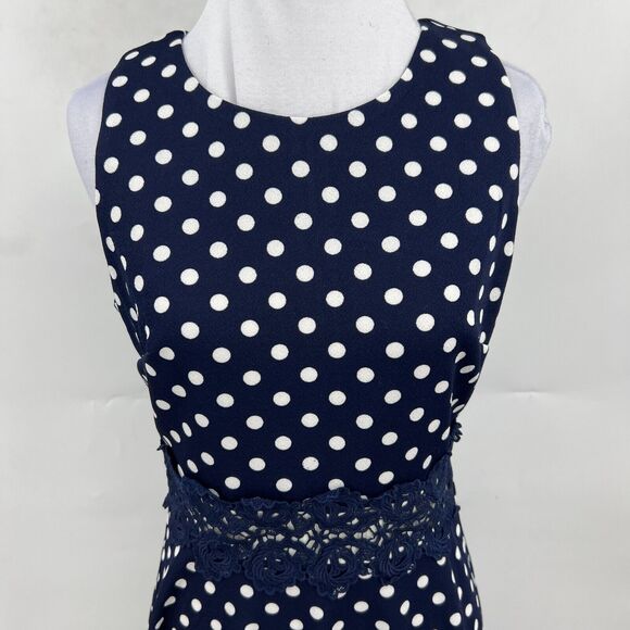 Homeyee Polka Dot Dress Womens 6 Navy Sleeveless Fit & Flare Floral Lace Detail - Picture 4 of 12